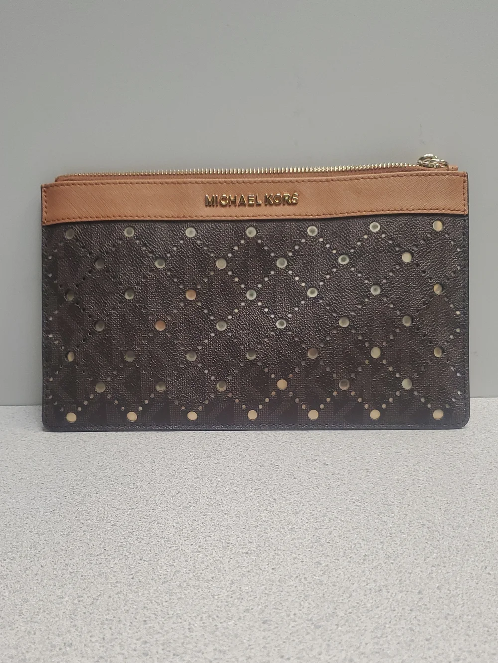 Michael Kors Dark Brown Perforated Zip Clutch with Tan Trim